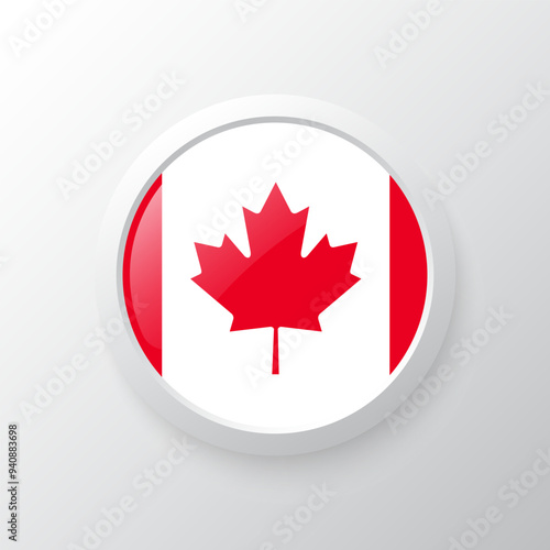 3D Button with Canada flag. as round glossy icon on background isolated. Vector illustration eps 10.