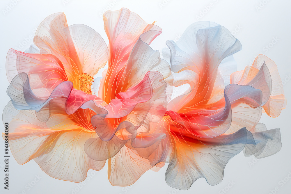 Orange and blue transparent abstract flowers floating in white space Orange and blue transparent abstract flowers floating in white space