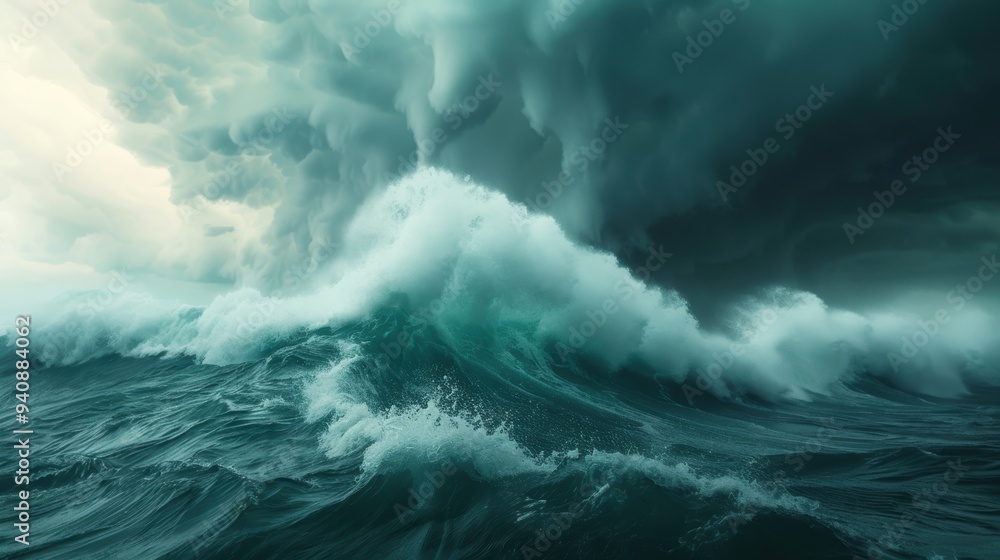 Obraz premium A powerful ocean wave crashing under a dramatic stormy sky, showcasing the beauty and ferocity of nature's elements.