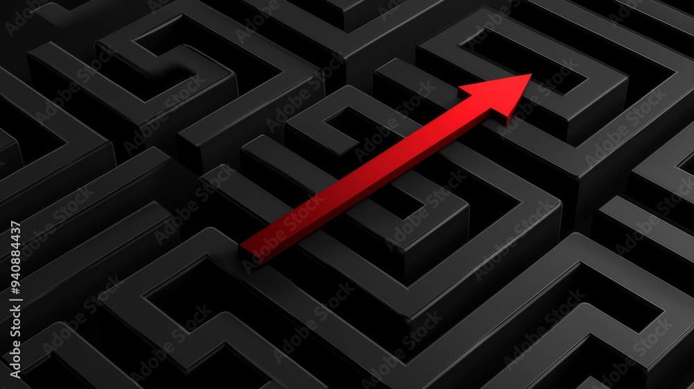 Complex black maze with red arrow finding a path, solution concept, 3D illustration