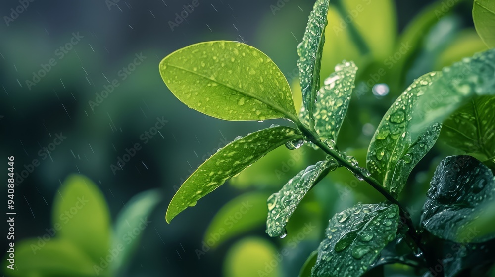 A tight shot of a green leaf, adorned with water droplets, against a softly blurred backdrop of similar leaves with their own water bead adornments A tight shot of a green leaf, adorned with water droplets, against a softly blurred backdrop of similar leaves with their own water bead adornments
