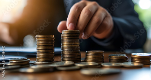 "Businessman's Hand Placing Coins on Top of Each Other"