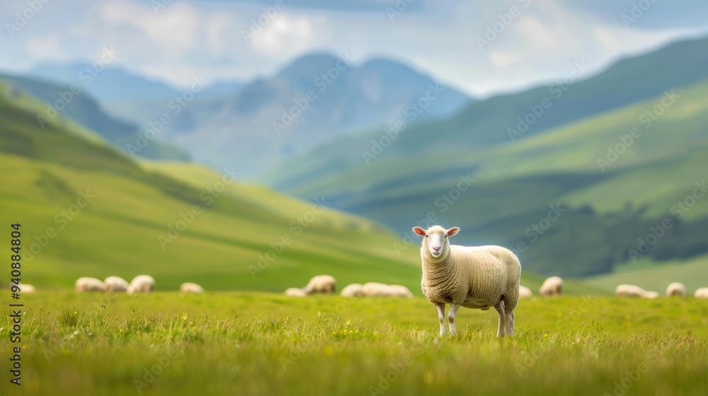 Fototapeta premium A serene pasture scene with a lone sheep standing in the foreground, lush green hills and mountains in the background.