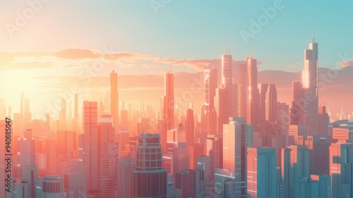 A stunning cityscape at sunset, showcasing modern skyscrapers bathed in warm hues and a vibrant atmosphere.