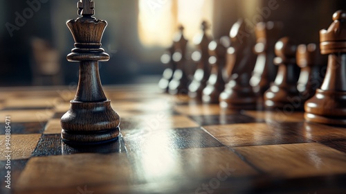 A close-up of a wooden chessboard with intricately carved pieces positioned mid-game, soft light illuminating the scene