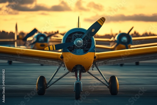 A vibrant yellow propeller airplane sits on the runway during a breathtaking sunset, highlighting the essence of aviation and the beauty of traditional aircraft engineering. photo