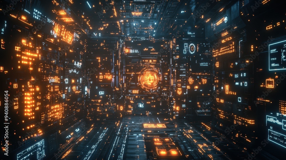 Futuristic Sci-Fi Abstract Digital Tunnel with Neon Orange and Blue Lights Futuristic Sci-Fi Abstract Digital Tunnel with Neon Orange and Blue Lights