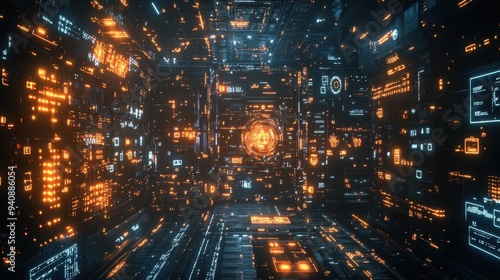 Futuristic Sci-Fi Abstract Digital Tunnel with Neon Orange and Blue Lights