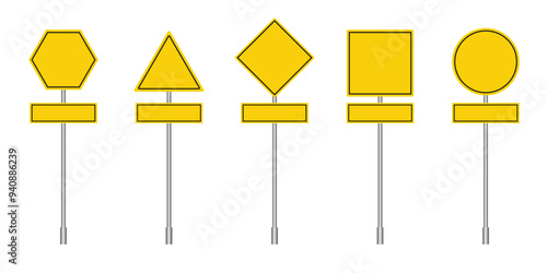 Yellow street road signs. Road direction signboards. Traffic control signs. Vector
