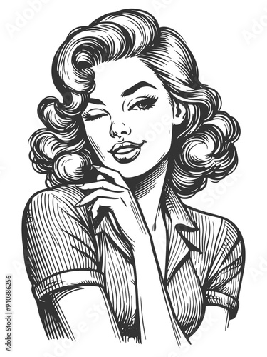pin-up woman winking with a playful smile, capturing a fun and flirty vibe sketch engraving generative ai fictional character vector illustration. Scratch board imitation. Black and white image.