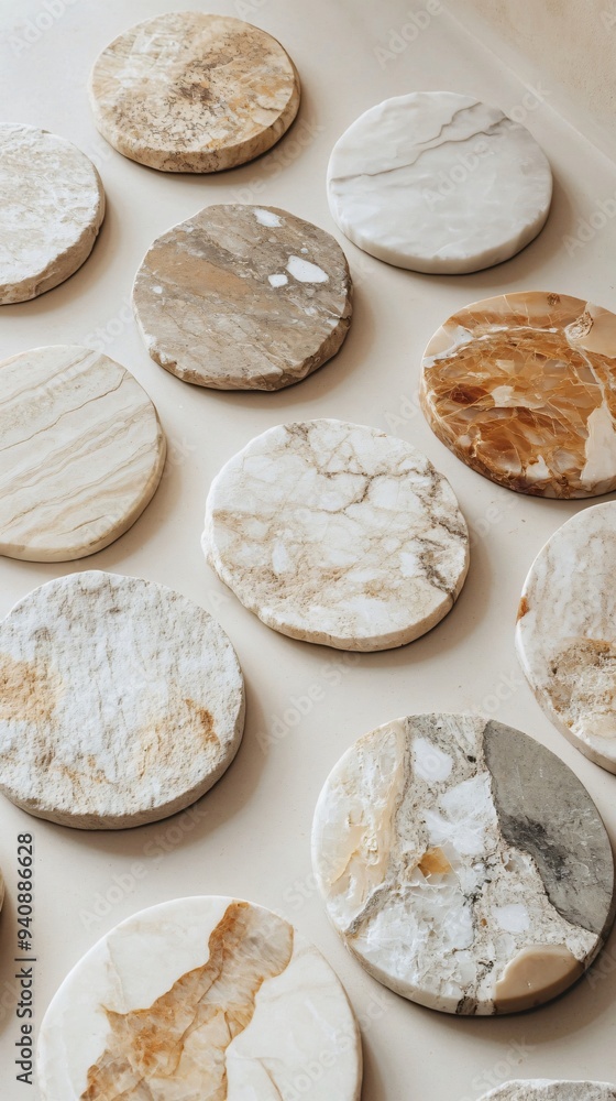 A collection of natural stone coasters in various shapes displayed on a soft, light-colored backdrop, emphasizing their earthy tones A collection of natural stone coasters in various shapes displayed on a soft, light-colored backdrop, emphasizing their earthy tones