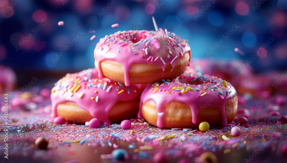 bright donuts glazed with colored sprinkles on the table in a stack on a dark background
bright donuts glazed with colored sprinkles on the table in a stack on a dark background