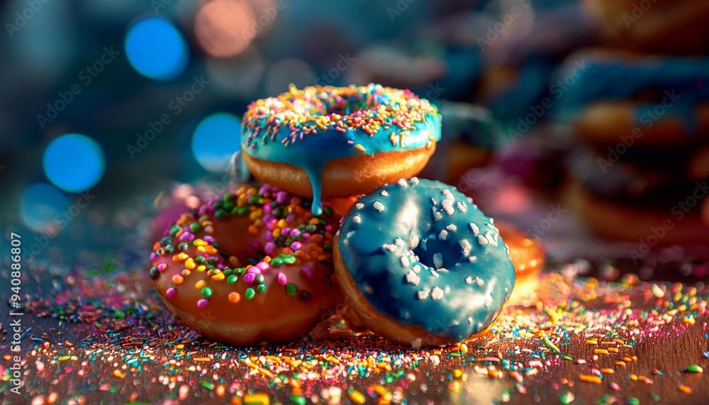 bright donuts glazed with colored sprinkles on the table in a stack on a dark background
bright donuts glazed with colored sprinkles on the table in a stack on a dark background
