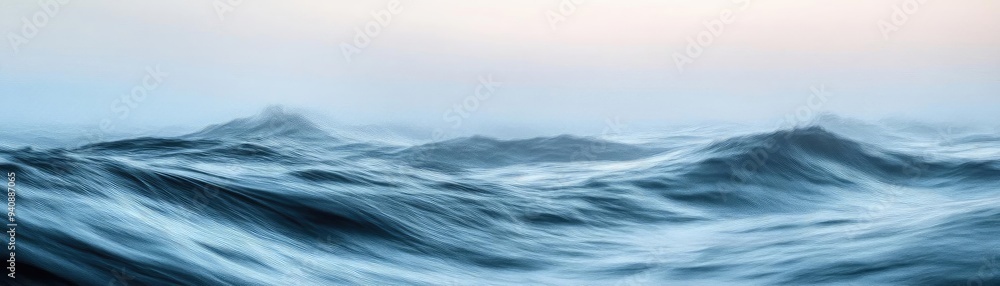 Obraz premium Serene ocean waves under a soft, pastel sky. Ideal for conveying tranquility and the beauty of nature's water landscapes.