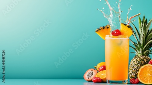 Vibrant tropical cocktail splashing in a glass, surrounded by fresh fruits and colorful design on a bright background. photo