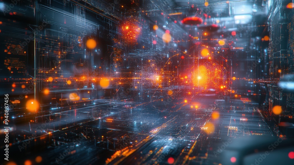 Obraz premium Abstract Futuristic Cityscape with Glowing Lights and Lines.