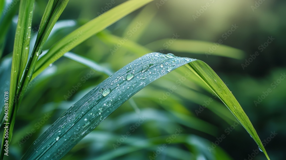 Obraz premium Close-up of a green plant with water droplets on its leaves and sun shining behind