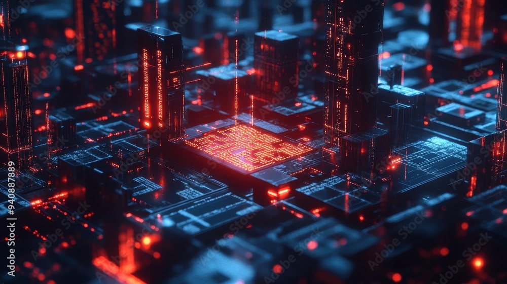 Fototapeta premium Futuristic Cityscape with Red Glowing Lights and Code on a Circuit Board.