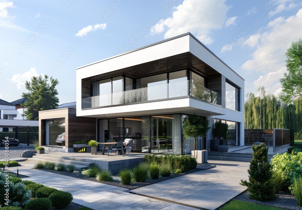 Fototapeta premium Modern House with Patio and Greenery