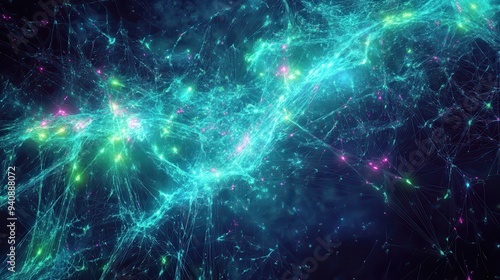 Abstract Blue and Green Neon Lines on Black Background.