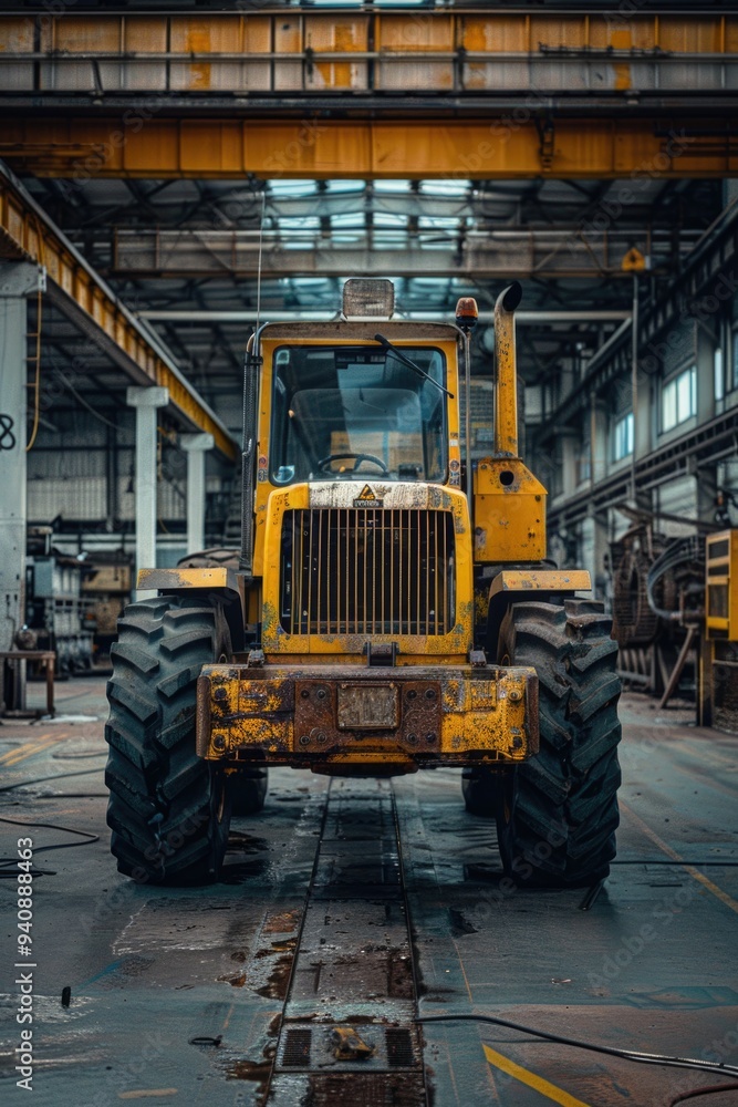Fototapeta premium A large yellow tractor parked in a warehouse setting