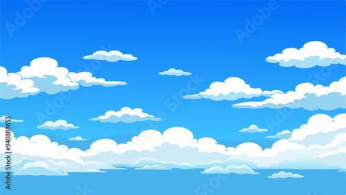 There is a beautiful blue sky adorned with fluffy white clouds in it