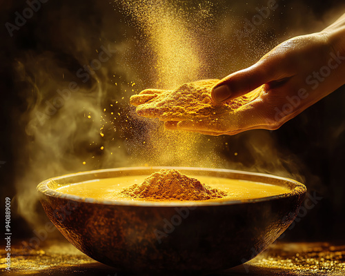 Hand pouring turmeric powder into a bowl, creating a golden cloud of dust. photo