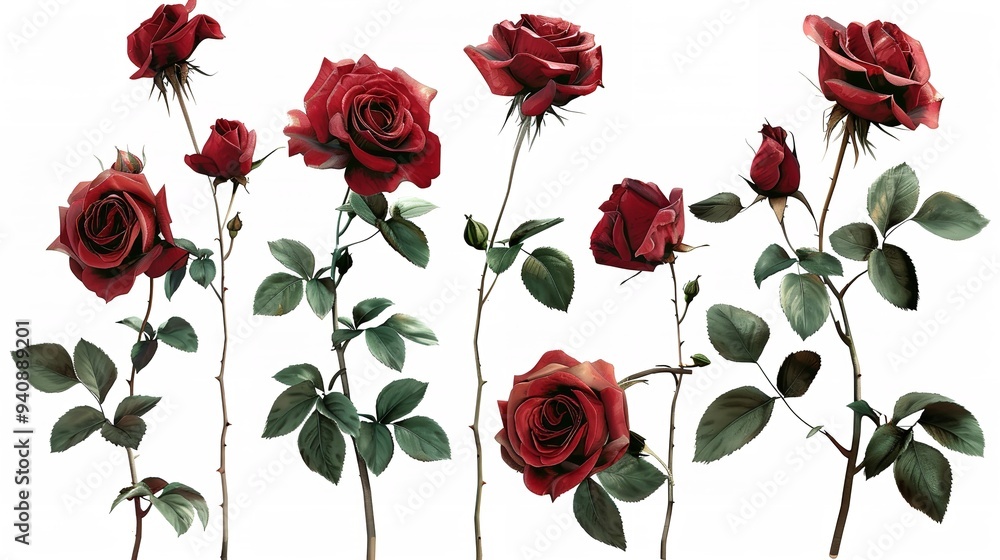 Set watercolor elements of roses collection garden red burgundy flowers leaves branches flat handdrawn illustration isolated on white background Set watercolor elements of roses collection garden red burgundy flowers leaves branches flat handdrawn illustration isolated on white background