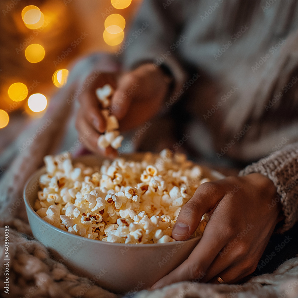 Cozy Close-Up of Hands Holding Bowl of Popcorn in Warm, Festive Lighting Cozy Close-Up of Hands Holding Bowl of Popcorn in Warm, Festive Lighting