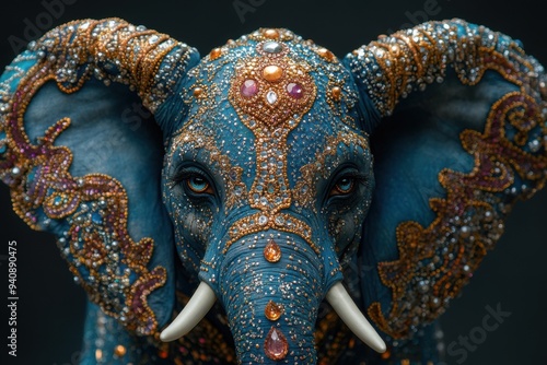 Majestic elephant decorated with intricate jewel patterns on head photo