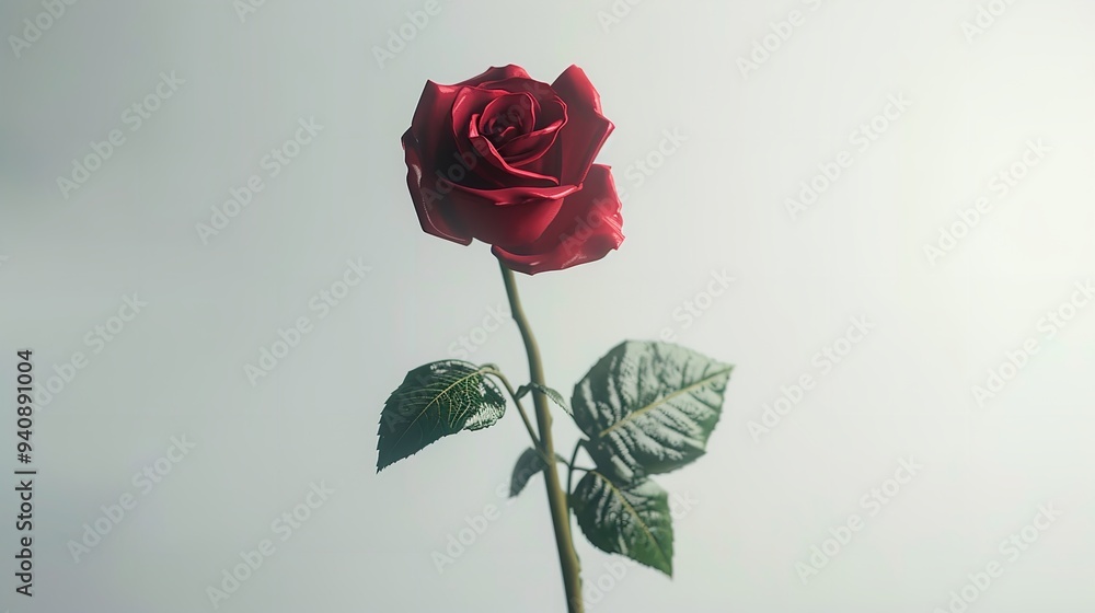 A vibrant red rose stands alone against a crisp white backdrop A vibrant red rose stands alone against a crisp white backdrop
