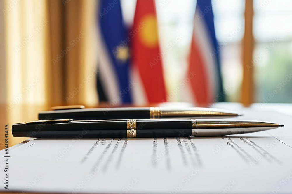 Close-up of two elegant pens on a signed document, with blurred international flags in the background, symbolizing diplomacy and agreement. Copy space