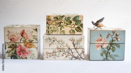 A collection of beautifully decoupaged wooden boxes featuring floral and nature designs, set against a light solid color background photo