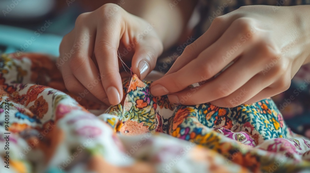A close-up of hands carefully sewing fabric pieces together for a doll, showcasing attention to detail on a light solid color background A close-up of hands carefully sewing fabric pieces together for a doll, showcasing attention to detail on a light solid color background