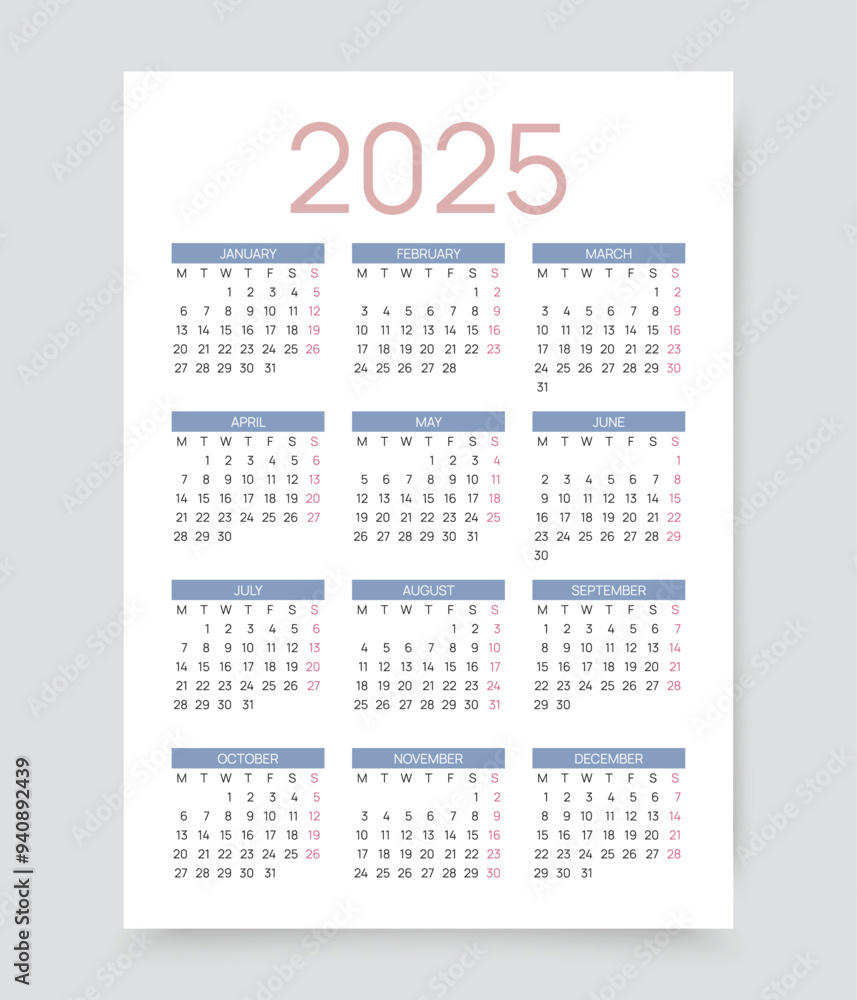2025 year calendar. Pocket wall calender layout. Week starts Monday. Yearly organizer with 12 month in English. Scheduler template in minimal design. Vector illustration. Portrait orientation, A4 2025 year calendar. Pocket wall calender layout. Week starts Monday. Yearly organizer with 12 month in English. Scheduler template in minimal design. Vector illustration. Portrait orientation, A4