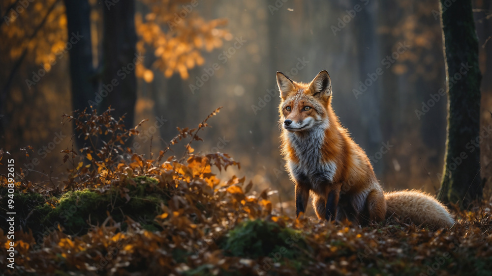 Fototapeta premium Volpe rossa in una foresta in autunno durante la muta