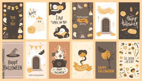 Set of Halloween social media designs, posters with cute illustrations. Greeting holiday banners, flyers templates. Candies, fall elements, magical concepts, mystic graphics. Vector background.
