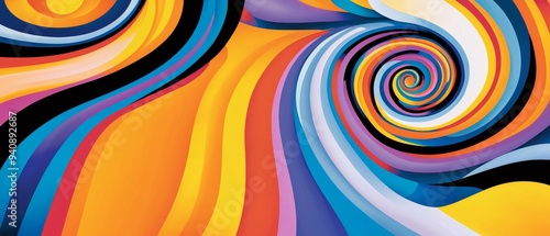 A trippy, abstract design with spirals, waves, and concentric circles of bright, swirling colors