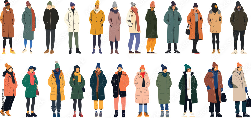 People dressed in winter clothes. Cartoon characters wearing winter coats and hats. People dressed in winter clothes. Cartoon characters wearing winter coats and hats.