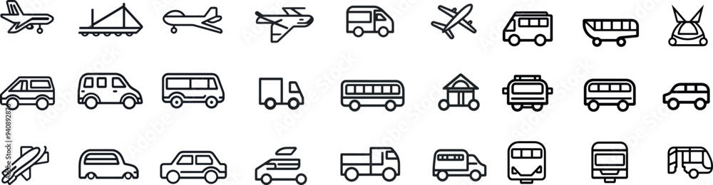 Set of transport icons including car, bus, train, ship, plane, taxi, subway, tram, and trolleybus Set of transport icons including car, bus, train, ship, plane, taxi, subway, tram, and trolleybus