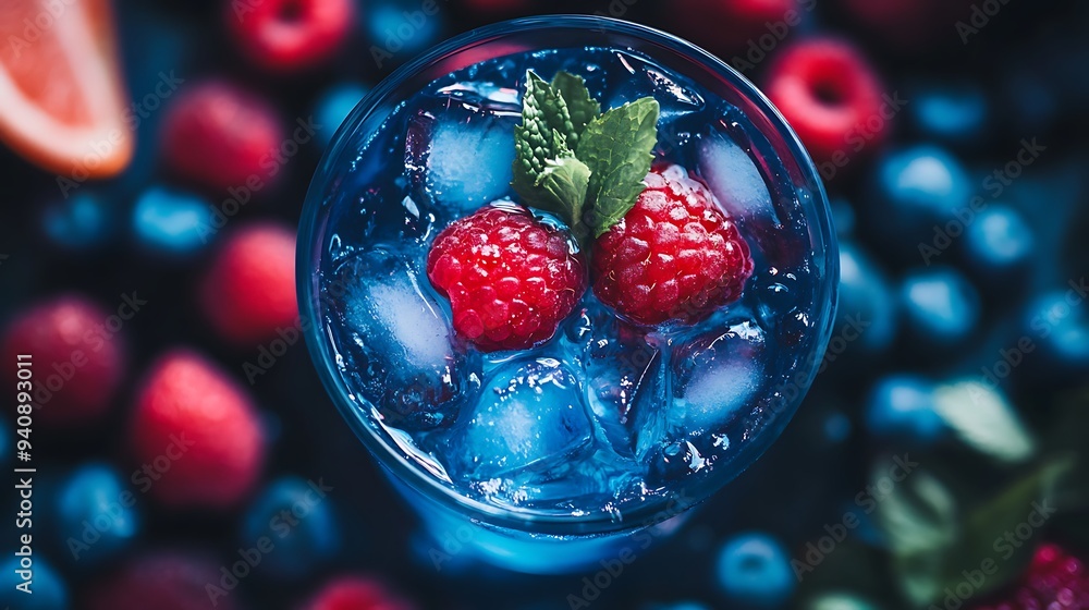 Refreshing Blue Drink Surrounded by Food with Blurred Red Fruit Background Refreshing Blue Drink Surrounded by Food with Blurred Red Fruit Background