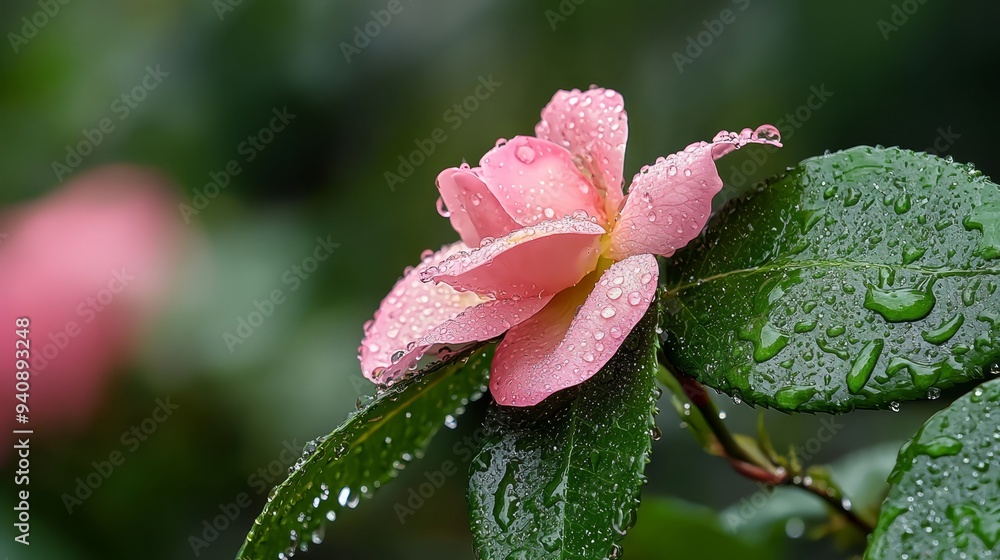 A pink flower atop a green leaf-covered tree branch, sporting water droplets on its petals A pink flower atop a green leaf-covered tree branch, sporting water droplets on its petals