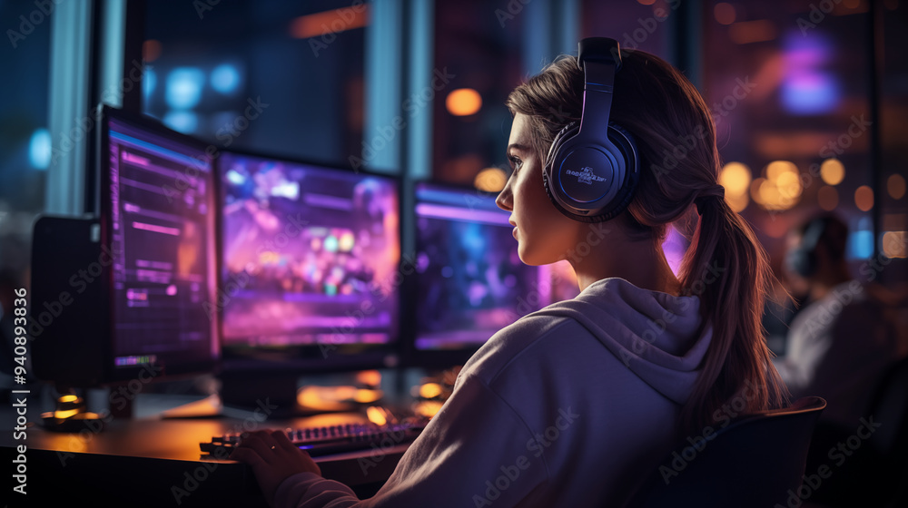 Woman programmer wearing headphones and coding on her computer Woman programmer wearing headphones and coding on her computer