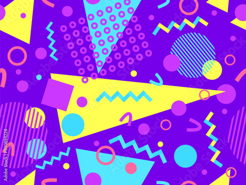Geometric seamless pattern with memphis elements in 80s style. Colorful geometric pattern. Design of promotional products, wrapping paper and printing. Vector illustration