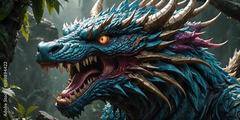 Naklejka premium wallpaper, representing a dragon's head, hyper realistic and hyper detailed image.