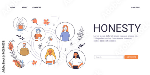 Honesty Mental Health Concept diverse people in circles surrounded by leaves and flowers on white background website design