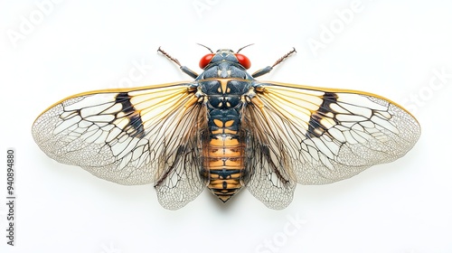 Close-up of a detailed cicada insect with wings spread, highlighting intricate wing patterns