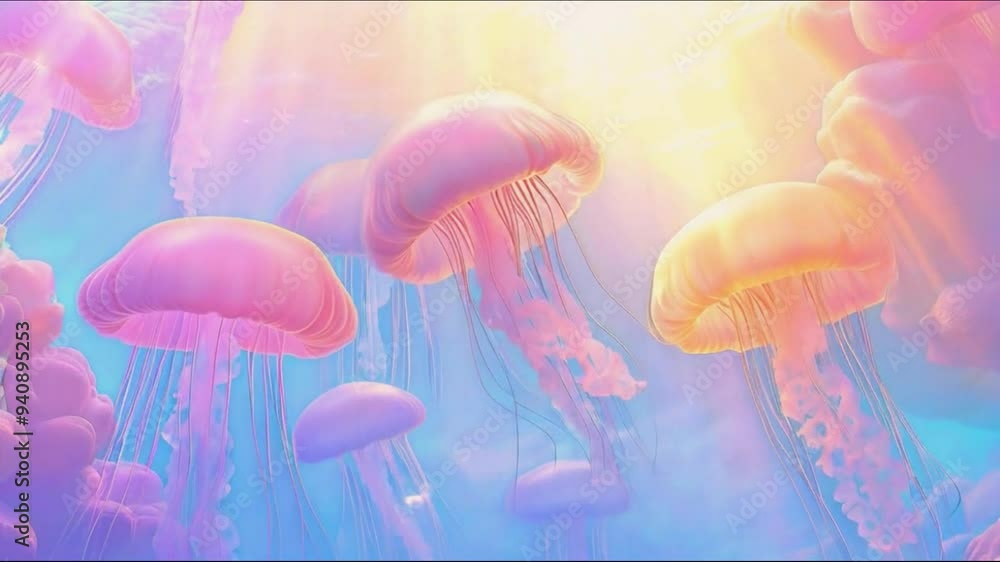 A group of jellyfish are floating in the sky 4K motion A group of jellyfish are floating in the sky 4K motion