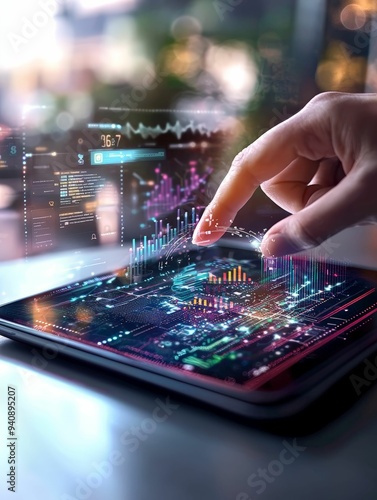 Close-up of a finger interacting with a holographic data visualization displayed on a tablet in a futuristic tech environment, emphasizing advanced digital technology and innovation.