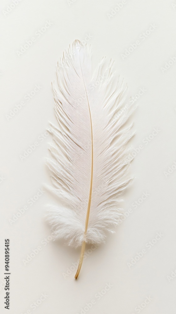 A single, beautifully detailed feather lying flat against a light solid color background, emphasizing its texture A single, beautifully detailed feather lying flat against a light solid color background, emphasizing its texture